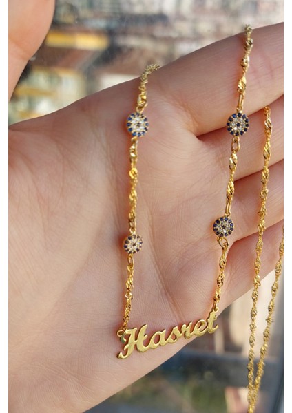 925 Ayar Gümüş 24 Ayar Altın Kaplama 4 Nazar Boncuklu Isimli Kolye