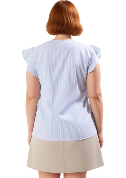 Kadın V Yaka Fırfırlı Kol Detaylı Düğmeli Çizgili Bluz Kaliteli Şık Rahat Modern Zarif Günlük fiyatları