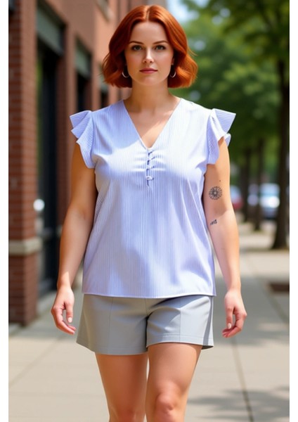 Kadın V Yaka Fırfırlı Kol Detaylı Düğmeli Çizgili Bluz Kaliteli Şık Rahat Modern Zarif Günlük modelleri