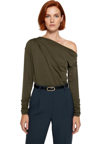 Moda Asimetrik Yaka Örme Regular Düz Desen Resmi Regular Uzun Kol Bluz