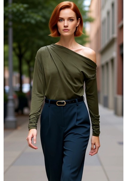 Moda Asimetrik Yaka Örme Regular Düz Desen Resmi Regular Uzun Kol Bluz modelleri