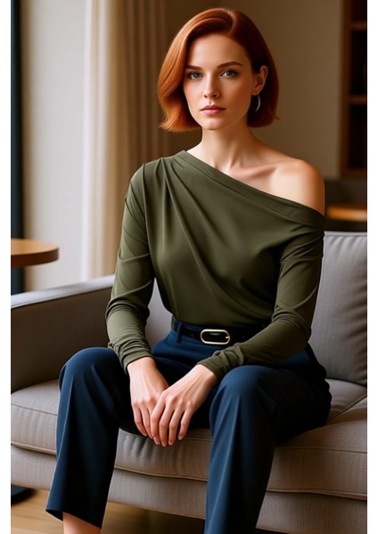 Moda Asimetrik Yaka Örme Regular Düz Desen Resmi Regular Uzun Kol Bluz fırsatları