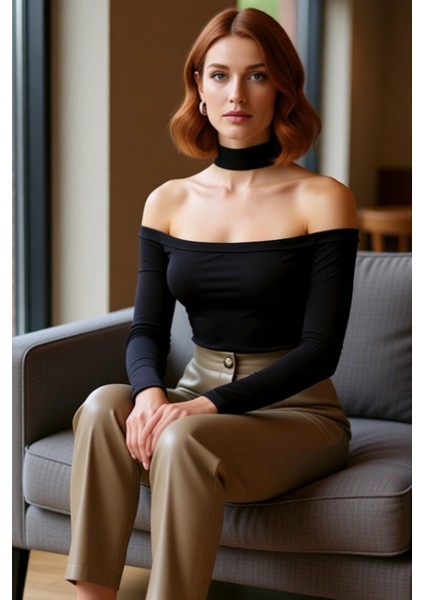 Stil Kadın Carmen Yaka Choker Detaylı Fitted Vücuda Oturan Fitilli Bluz Crop Örme Slim Kalıp fırsatları