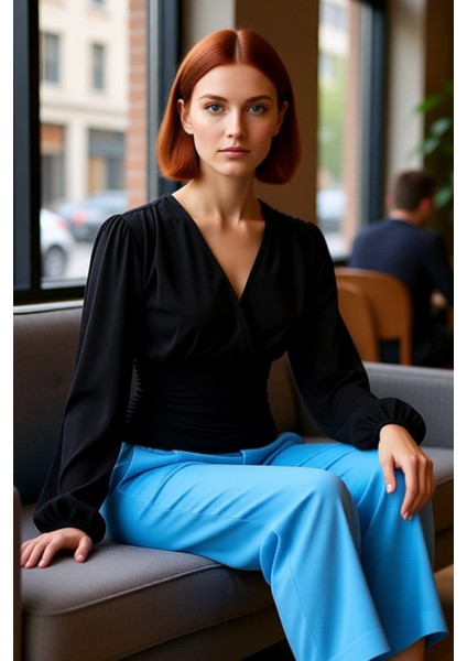 Kadın Moda Şık Regular Kruvaze Yaka Balon Kol Slim Kalıp Örme Büzgü Drape Detaylı Kollu Esnek Bluz