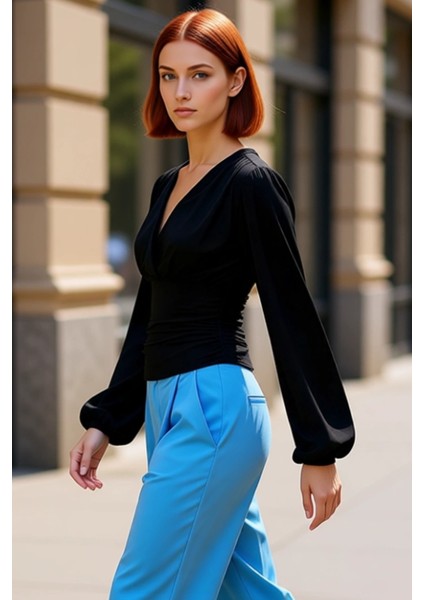 Kadın Moda Şık Regular Kruvaze Yaka Balon Kol Slim Kalıp Örme Büzgü Drape Detaylı Kollu Esnek Bluz fırsatları