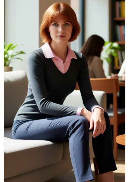 Kadın Casual Uzun Kollu V Yaka Dokuma Detaylı Örme Bluz Kaliteli Şık Rahat Modern Zarif Günlük