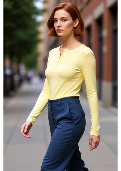 Kadın Fitted Uzun Kollu Bisiklet Yaka Düğmeli Örme Üst Kaliteli Şık Rahat Modern Zarif Günlük fırsatları