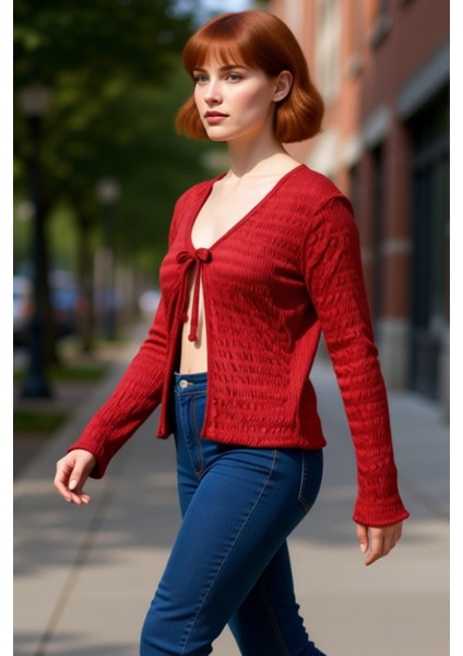 Kadın Esnek Dokulu V Yaka Bağlantılı Uzun Kollu Örme Üst Kaliteli Şık Rahat Modern Zarif Günlük fırsatları