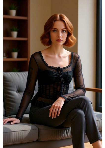 Kadınlar Için Zarif Tül Üst Kare Yaka Büzgülü Uzun Kollu Kaliteli Şık Rahat Modern Zarif Günlük