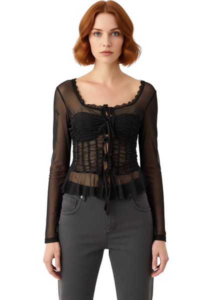 Kadınlar Için Zarif Tül Üst Kare Yaka Büzgülü Uzun Kollu Kaliteli Şık Rahat Modern Zarif Günlük fiyatları