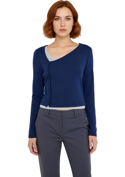 Kadın Düğmeli Asimetrik Yaka Esnek Örme Üst Uzun Kollu ve Vücuda Oturan Kesim Kaliteli Şık