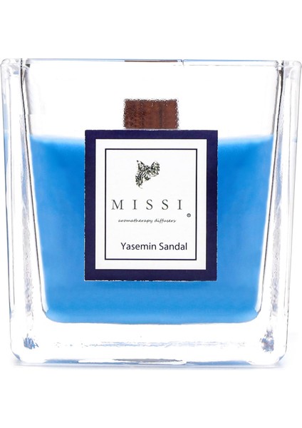 Mavi Ahşap Fitilli Yasemin Sandal Vegan Mum(8x8 Cm)