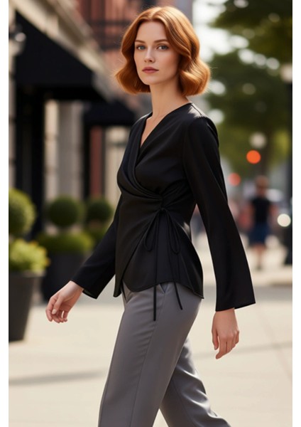 Kadınlar Için Kruvaze Tasarımlı Uzun Kollu Düz Dokuma Bluz Kaliteli Şık Rahat Modern Zarif fırsatları