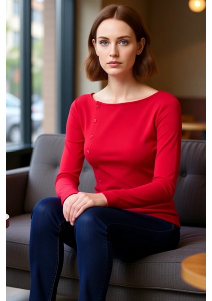 Kadın Düğmeli Bisiklet Yaka Vücuda Oturan Fitilli Esnek Örme Bluz Kaliteli Şık Rahat Modern