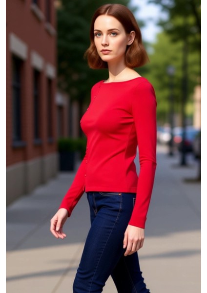 Kadın Düğmeli Bisiklet Yaka Vücuda Oturan Fitilli Esnek Örme Bluz Kaliteli Şık Rahat Modern fırsatları