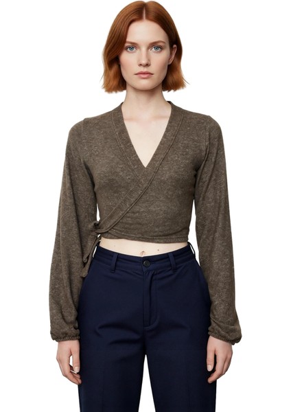 Stil Kadın Yumoş Bağlama Detaylı Kollu Bluz Regular Örme Slim Kalıp Ispanyol Kol