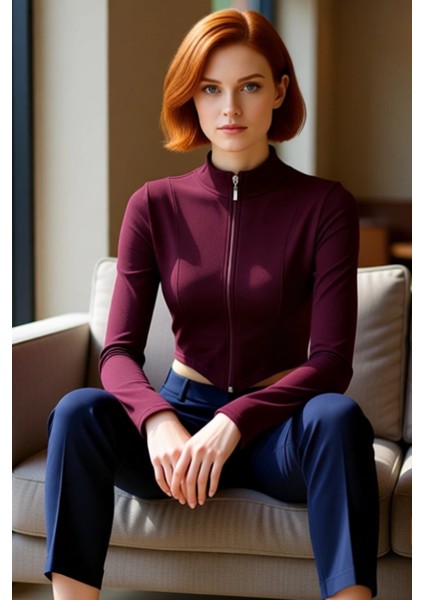 Kadın Dik Yaka Fermuarlı Uzun Kollu Vücuda Oturan Örme Crop Kaliteli Şık Rahat Modern Zarif fiyatları