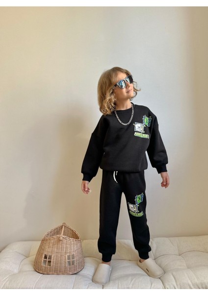 Barbosa Sweatshırt Eşortman Parmuklu Minecraft Baskılı 2'li Pamuklu Şardonlu Erkek Takım