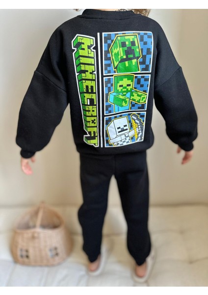 Barbosa Sweatshırt Eşortman Parmuklu Minecraft Baskılı 2'li Pamuklu Şardonlu Erkek Takım modelleri