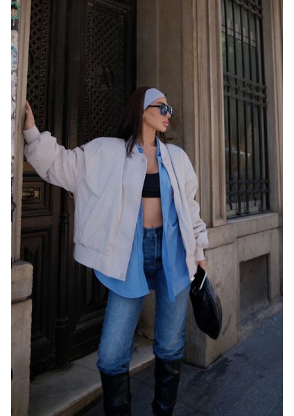 Kadın Beyaz Oversize Konfor Modeli Fermuarlı Astarlı Soğuk ve Su Geçirmez Kalın Bomber Ceket Mont
