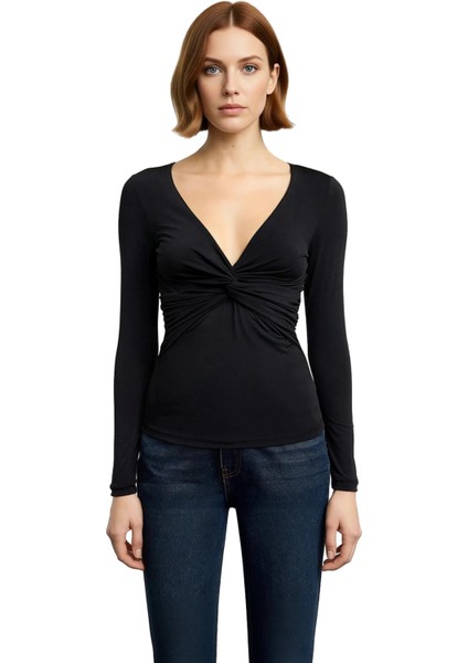 Stil Kadın Büzgü Drape Detaylı Fitted Vücuda Oturan Kollu Esnek Bluz Crop Örme Slim Kalıp