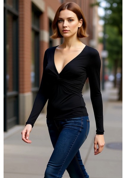 Stil Kadın Büzgü Drape Detaylı Fitted Vücuda Oturan Kollu Esnek Bluz Crop Örme Slim Kalıp modelleri