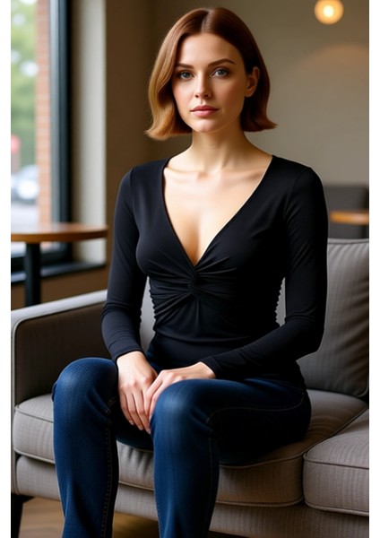 Stil Kadın Büzgü Drape Detaylı Fitted Vücuda Oturan Kollu Esnek Bluz Crop Örme Slim Kalıp fırsatları