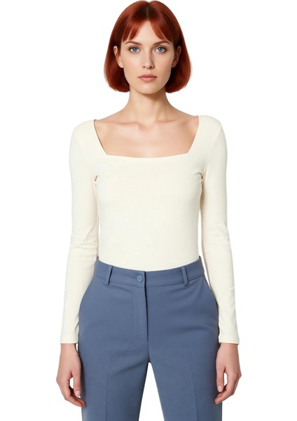 Kadın Moda Şık Üst Giyim Regular Kare Yaka Slim Kalıp Örme Pamuklu Fit Bluz fiyatları