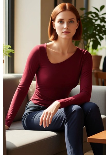 Kadın Uzun Kollu Vücuda Oturan Asimetrik Yaka Örme Üst Kaliteli Şık Rahat Modern Zarif Günlük