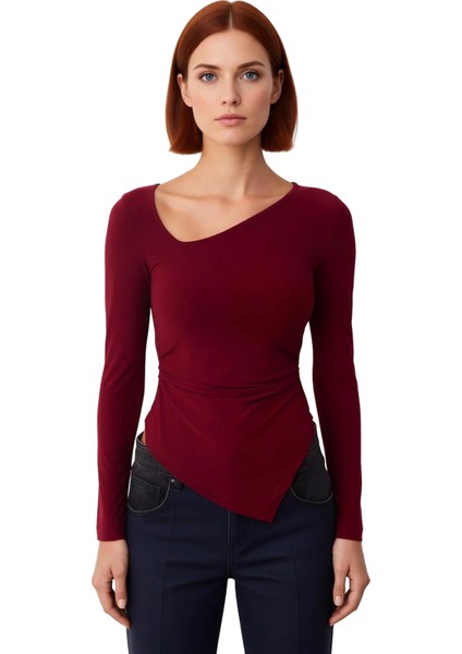 Kadın Uzun Kollu Vücuda Oturan Asimetrik Yaka Örme Üst Kaliteli Şık Rahat Modern Zarif Günlük fiyatları