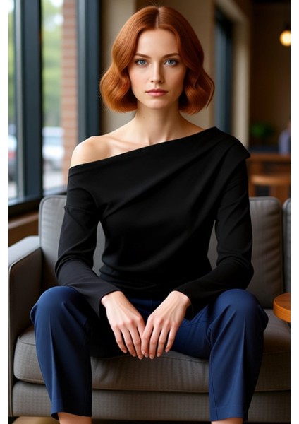 Kadınlar Için Asimetrik Yaka Detaylı Dökümlü Örme Bluz Kaliteli Şık Rahat Modern Zarif Günlük