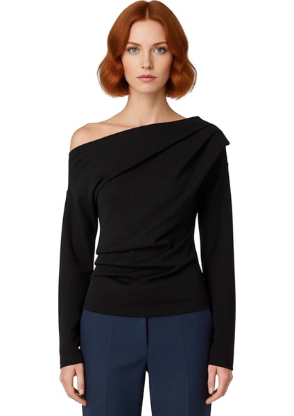 Kadınlar Için Asimetrik Yaka Detaylı Dökümlü Örme Bluz Kaliteli Şık Rahat Modern Zarif Günlük fiyatları