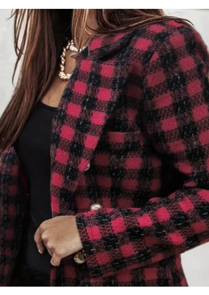 Kadın Ekose Desenli Düğmeli Blazer Ceket | Kırmızı Siyah Kareli Uzun Kol Ofis Şıklığı Ceket fiyatları