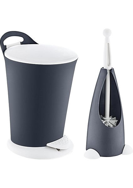 Penguen Pedallı Çöp Kovası ve Klozet Fırçası Set Antrasit