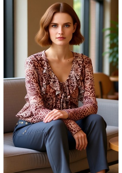 Kadın Tül Esnek Örme Bluz V Yaka Ispanyol Kol Detaylı Kaliteli Şık Rahat Modern Zarif Günlük