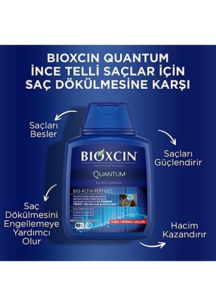 Bioxcin Quantum Şampuan – Kuru ve Normal Saçlar Için – 3X300 ml – Dökülme ve Incelme Karşıtı – Bio-Activ Peptit, Biocomplex B11, Bal ve Mentol Içerikli