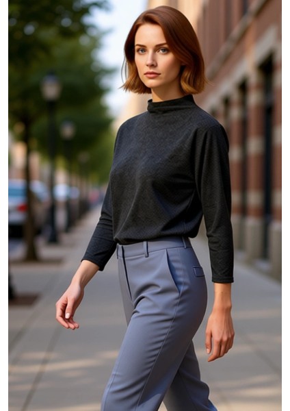 Kadın Dik Yaka Yarasa Kol Regular Fit Uzun Kollu Örme Kaliteli Şık Rahat Modern