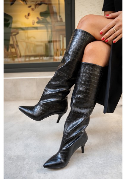 Wenda Siyah Kroko Desenli Çizme