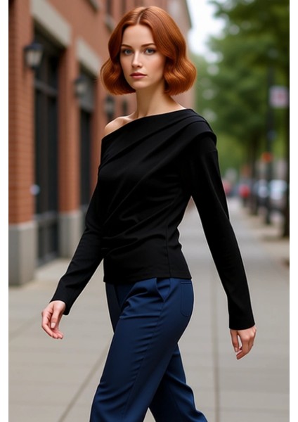 Kadınlar Için Asimetrik Yaka Detaylı Dökümlü Örme Bluz Kaliteli Şık Rahat Modern Zarif Günlük fırsatları