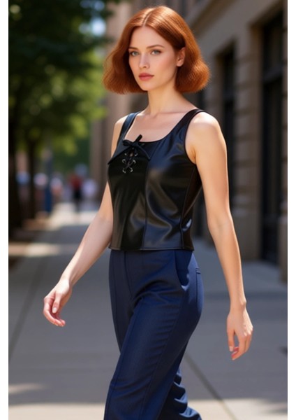 Kadınlar Için Bağcıklı Detaylı Vücuda Oturan Suni Deri Üst Kaliteli Şık Rahat Modern Zarif modelleri