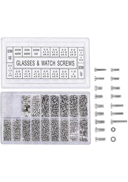 1000 Adet Minik Gözlük Vidası, Paslanmaz Çelik Gözlük Güneş Gözlüğü Vidaları Onarım Seti Minik Vidalar Somun Pul Çeşitleri Gözlük Saatleri Için