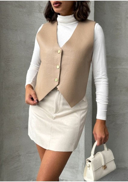 Düğme Detaylı Suni Deri Yelek fırsatları