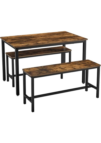 Yemek Masası, 2 Banklı, 3&apos;lü Set, Mutfak Masası 70 x 110 x 75 Cm, Her Biri 2 Bank 30 x 97 x 50 Cm, Çelik Çerçeve, Endüstriyel Tasarım, -Siyah KDT070B01