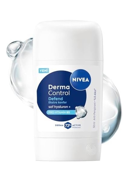 Nıvea Kadın Stick Deodorant Derma Control Defend 50 Ml, Tahrişe Karşı Koruma, Alkolsüz, 72 Saat Anti-Perspirant Koruma,çiçeksi Koku,hyaluronik Asit, Pro Vitamin B5
