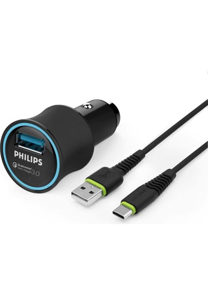 DLP3520C USB Araç Içi Şarj Qc3.0 Siyah (1 Çıkış) + USB - Type-C Şarj Kablosu 1.2m Siyah