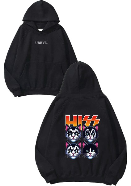 Hiss Cats Tasarım Baskılı Oversize Siyah Kapüşonlu Sweatshirt