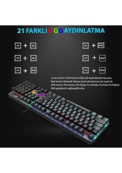GK301 USB Kablolu Red Switch Mekanik Oyuncu Klavyesi - Makro Tuş Atamalı, Rgb LED Aydınlatmalı, Qwerty Türkçe Tuş Dizilimi, Gaming Türkçe Q Klavye Metalik Gri fiyatları