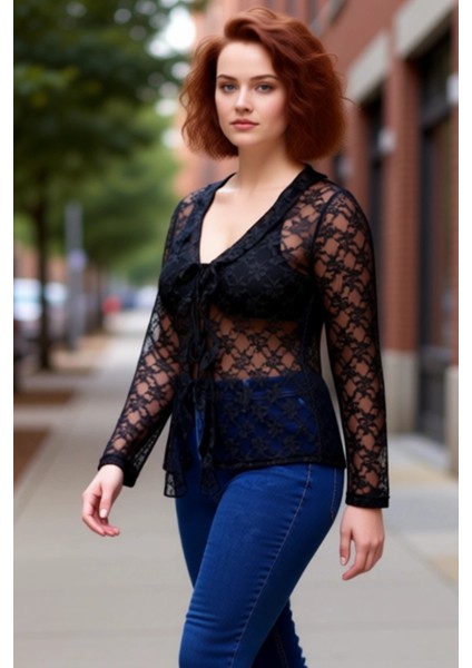 Kadınlar Için Uzun Kollu V Yaka Dantel Detaylı Örme Bluz Kaliteli Şık Rahat Modern Zarif Günlük fırsatları