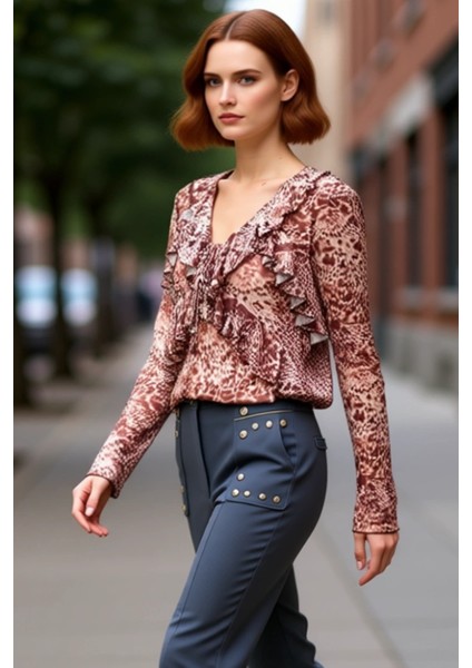 Kadınlar Için V Yaka Ispanyol Kol Tül Dokuma Bluz Kaliteli Şık Rahat Modern Zarif Günlük modelleri