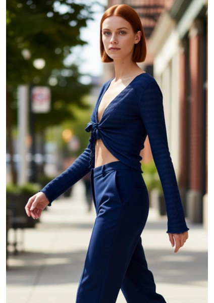 Kadın Esnek Örme Gofre Dokulu V Yaka Bluz Regular Kalıp Ispanyol Kol Crop Model Günlük Kullanıma modelleri